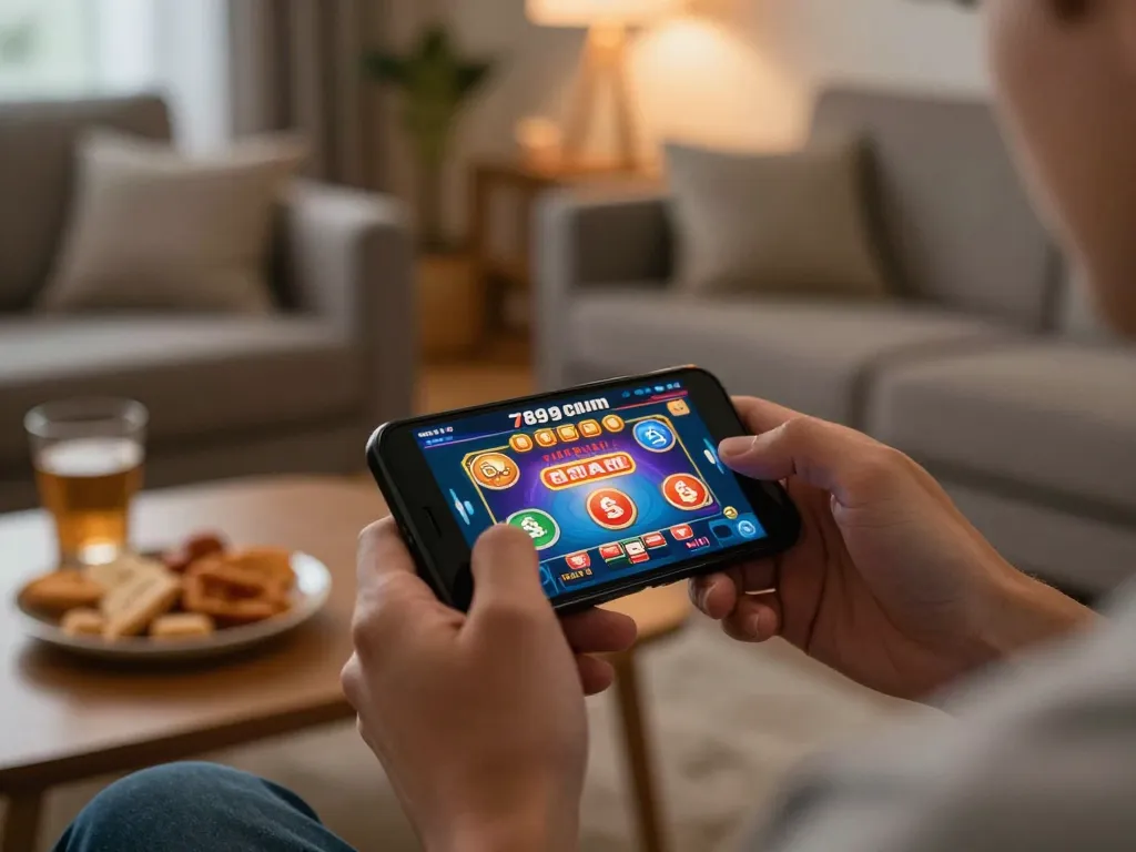 Player engaging with the 789club mobile casino app in a cozy living room setting.