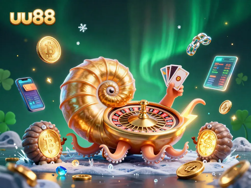 Play on uu88 with an exciting 3D illustration of a giant nautilus as a roulette wheel, surrounded by vibrant gaming elements.
