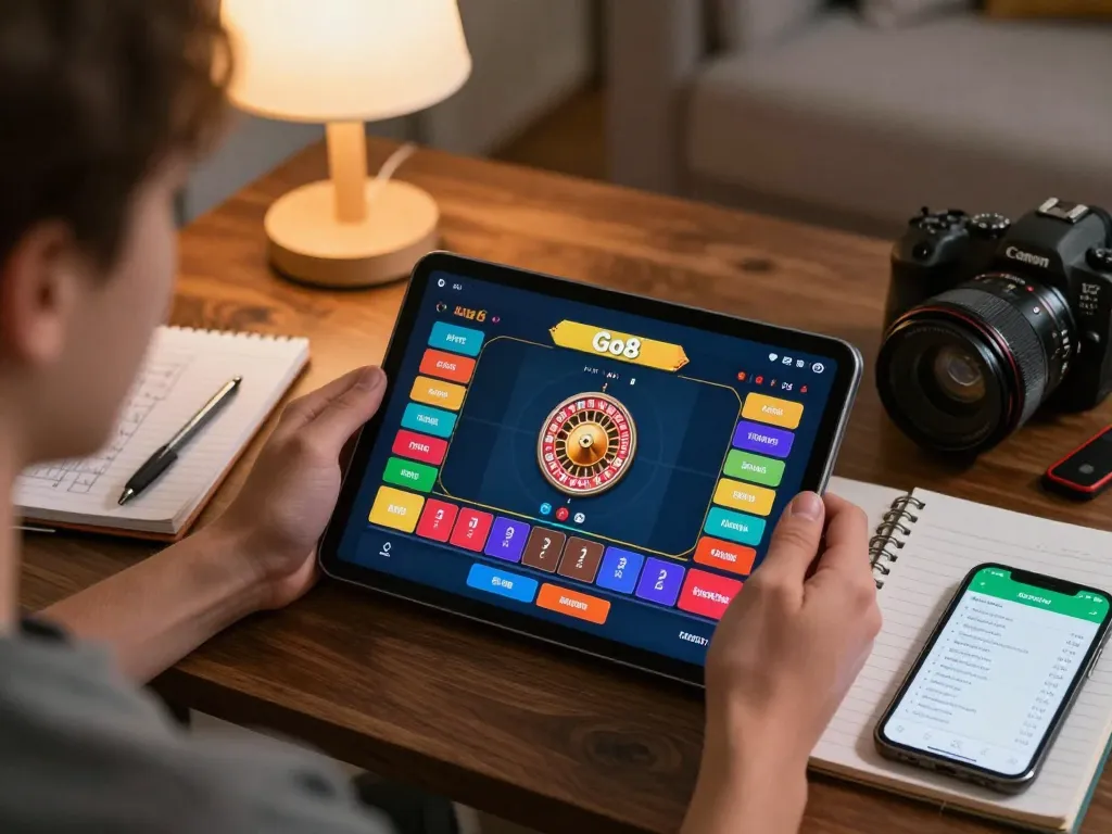 Player enjoying Go8 app roulette game on tablet in cozy home setting, focused on strategic betting.