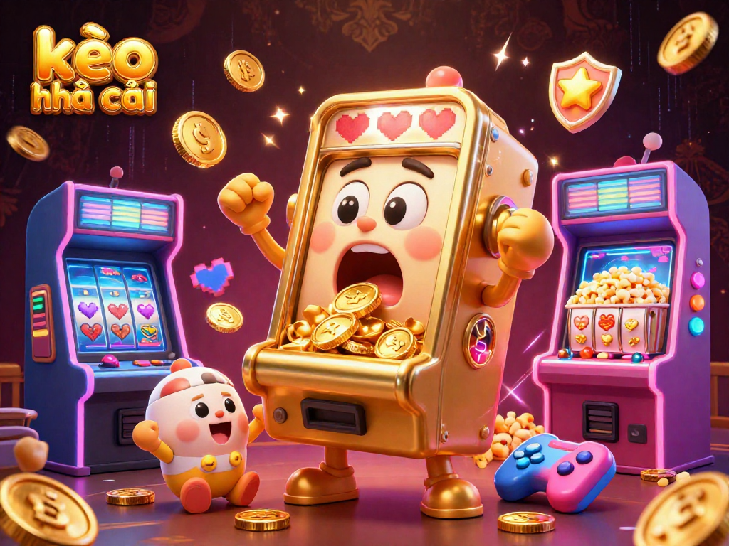Experience excitement with kèo nhà cái as cartoon slot machines rejoice at a jackpot win.