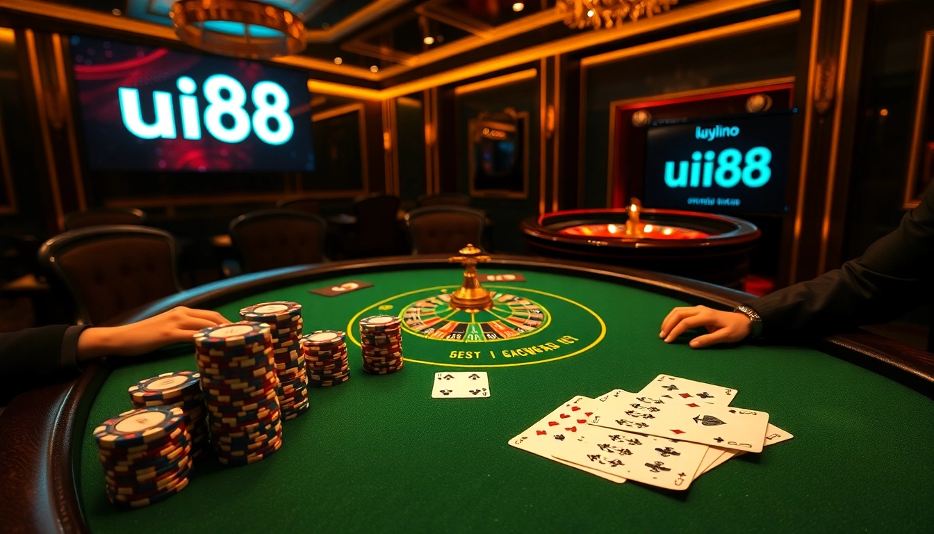 Players engage at a luxurious poker table while showcasing the excitement of uu88 gaming.