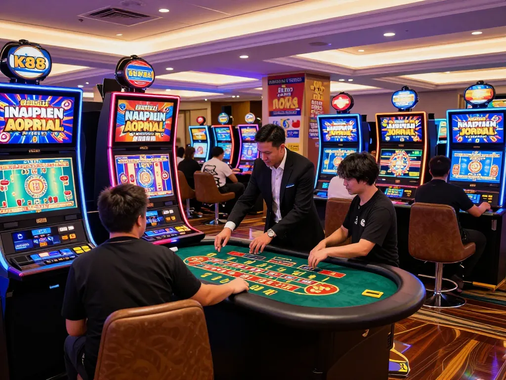 K88 casino experience featuring enthusiastic players at slot machines and live tables for thrilling online gaming.