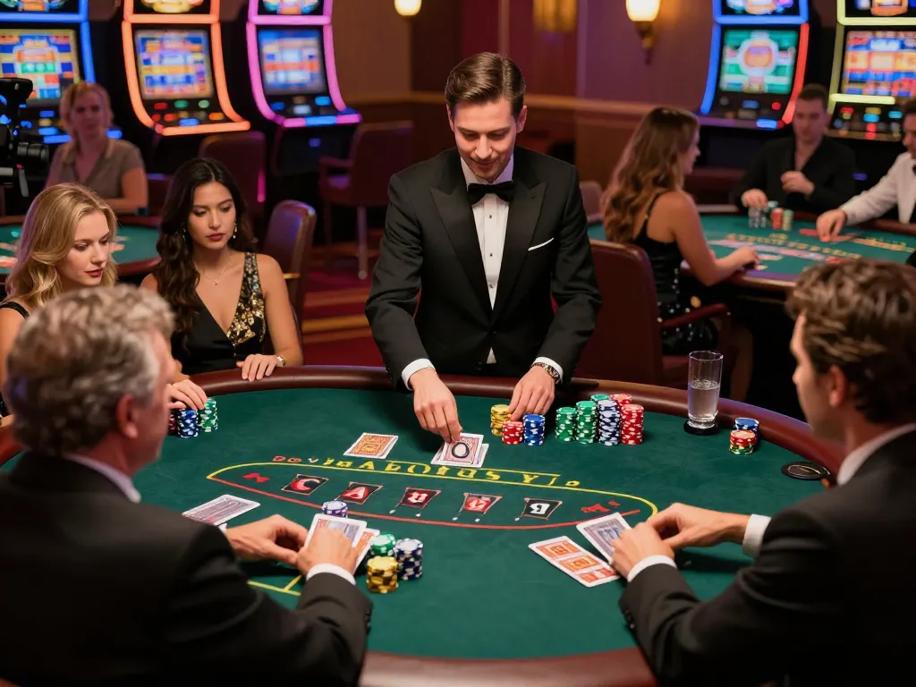 BOMWIN players strategizing around a lively blackjack table in a vibrant casino.