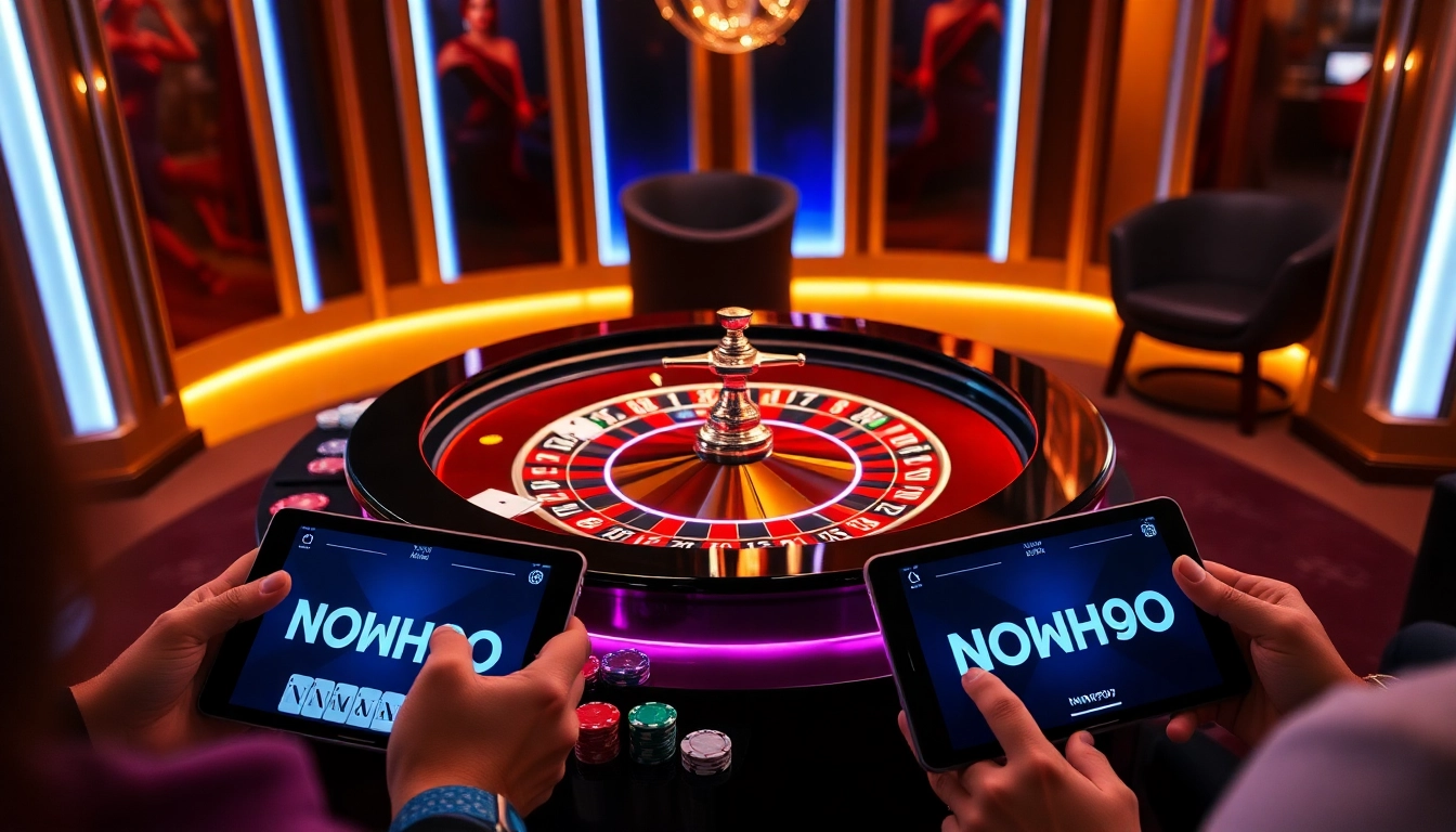 Engaged players enjoying an interactive NOHU90 online casino experience with poker chips and a roulette table.