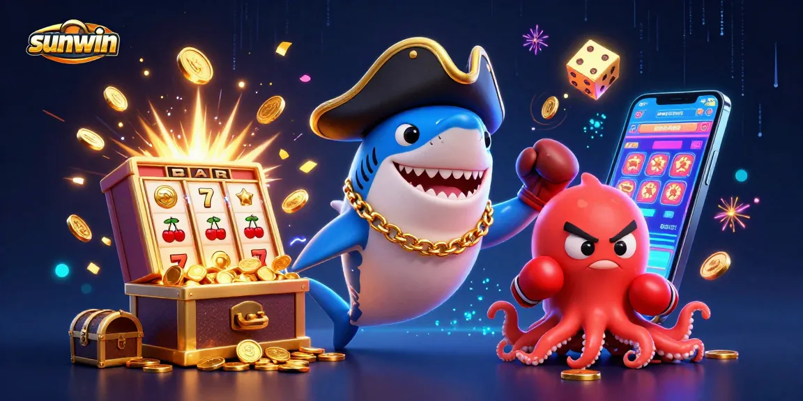 Playing exciting games at sunwin with a pirate shark, pufferfish, and octopus surrounded by riches.