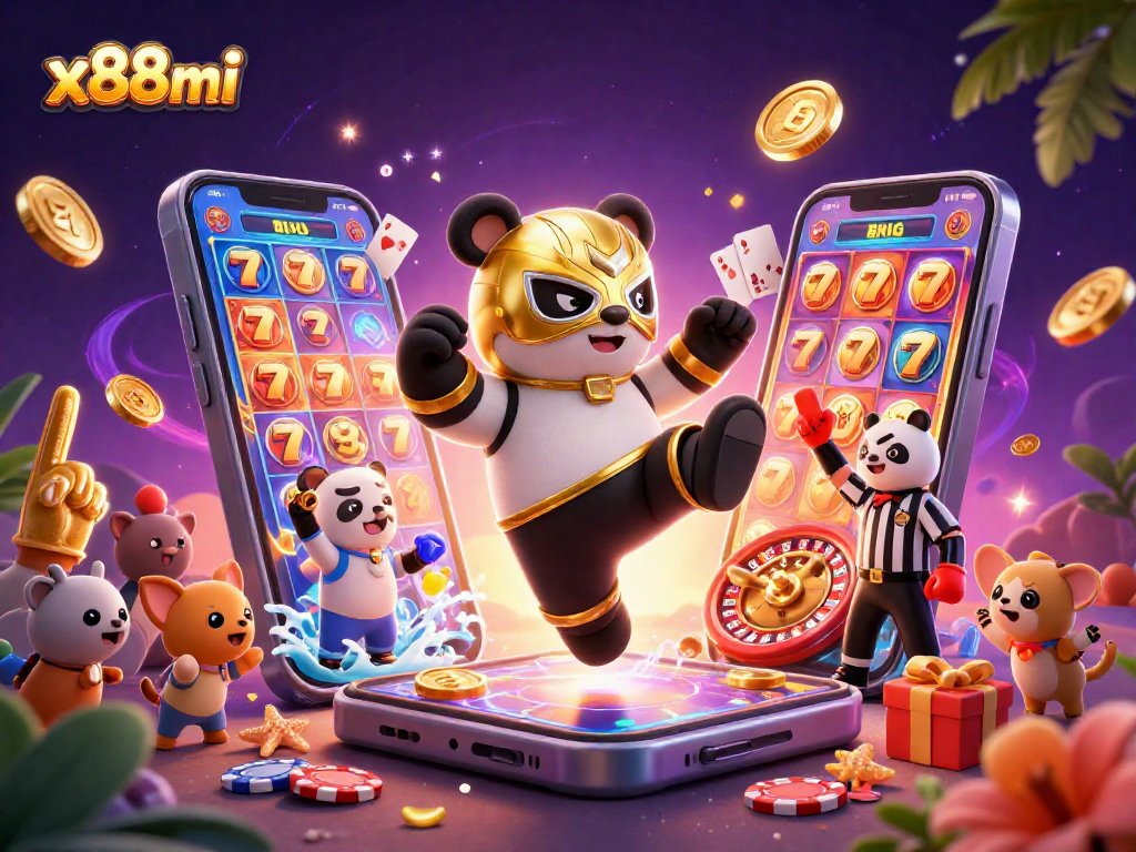x88mi showcases an electrifying casino scene with a panda wrestler, emphasizing winning strategies and slot excitement.