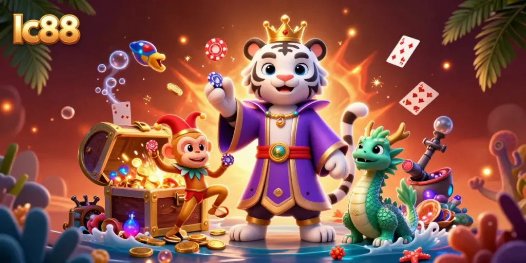 Experience thrilling gameplay at lc88 with a vibrant 3D casino scene filled with dynamic characters and rich treasures.