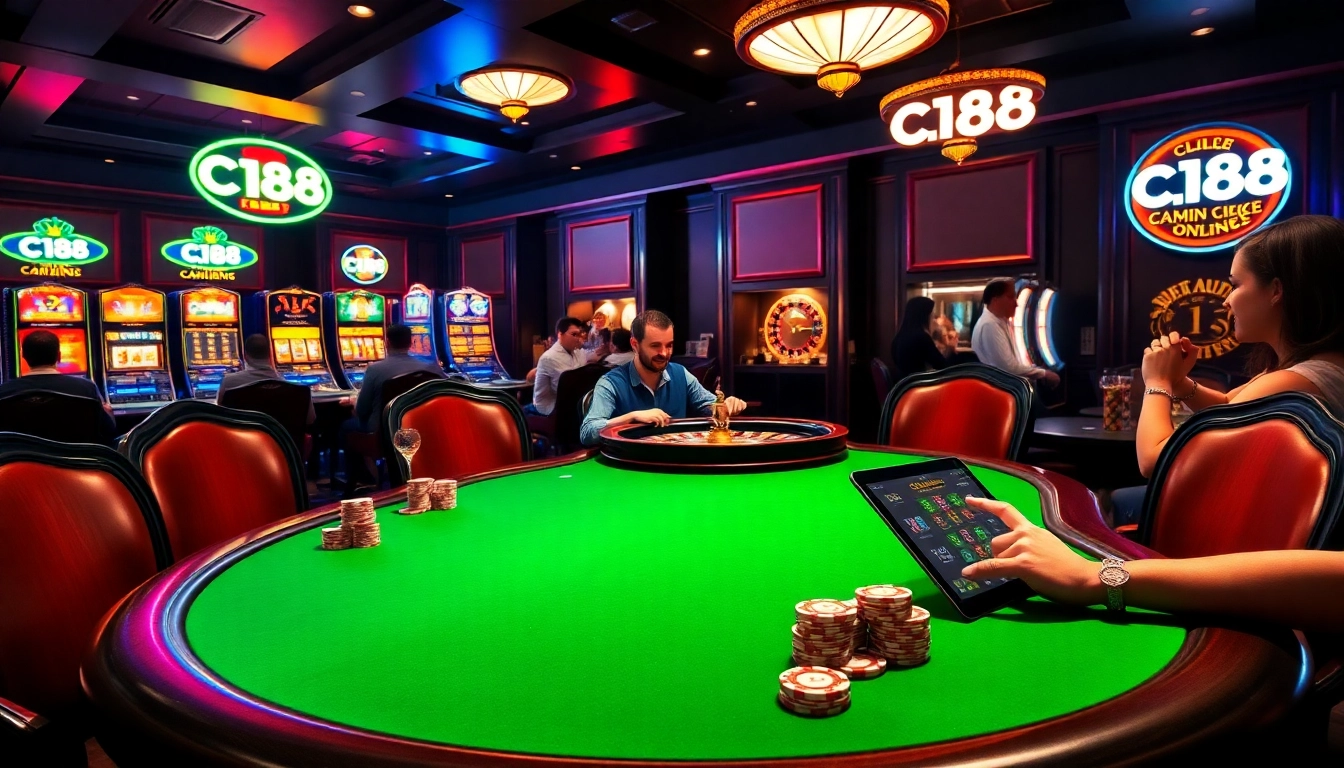 Experience thrilling gameplay at C168 with stacked poker chips at a vibrant casino table.