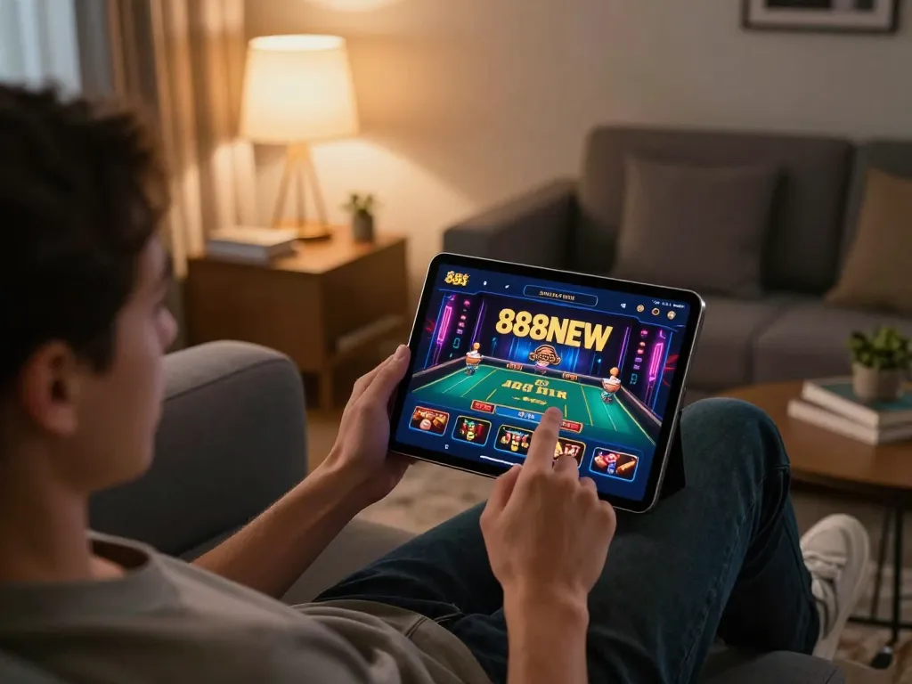 Engaging with the 888NEW app for mobile gaming, showcasing a comfortable home environment.