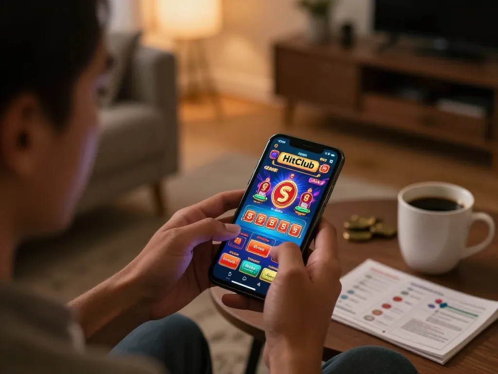 Hitclub gameplay on a smartphone, showcasing vibrant online casino graphics in a cozy living space