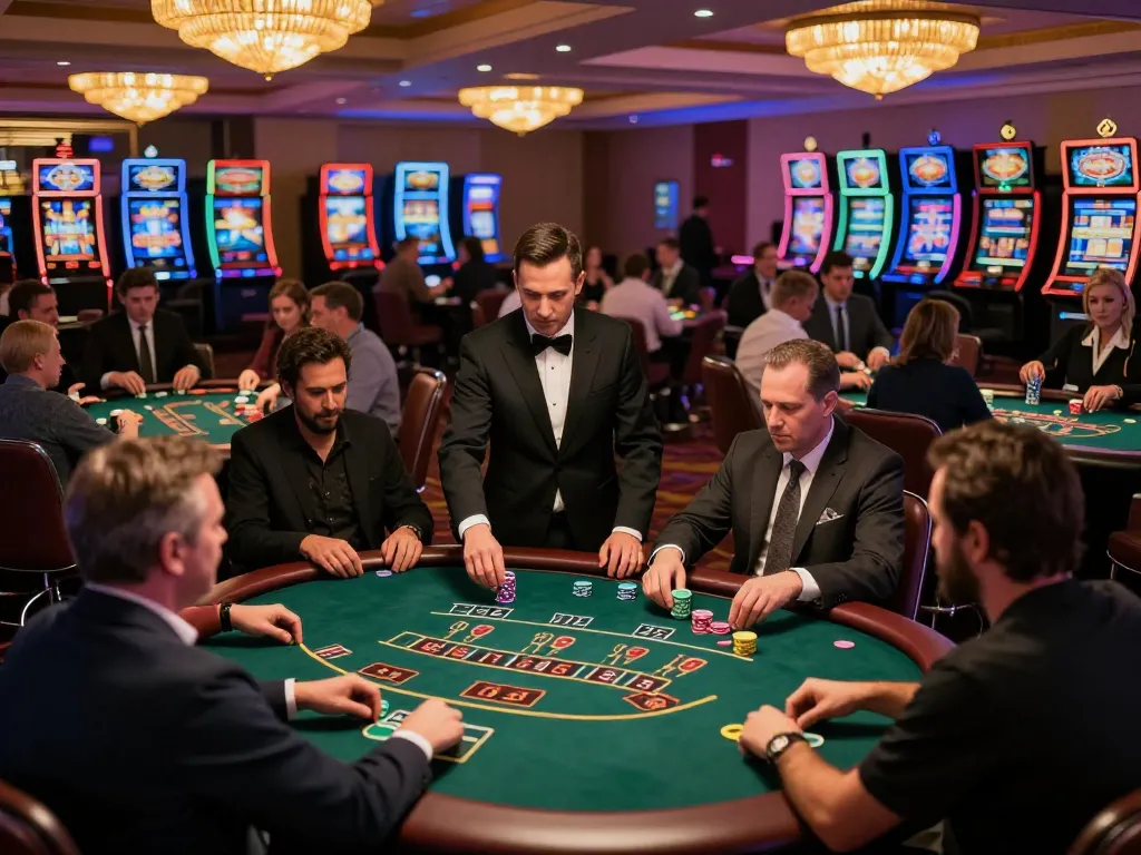 Players engage in thrilling blackjack gameplay at a vibrant casino floor, highlighting Go8's strategic gaming atmosphere.