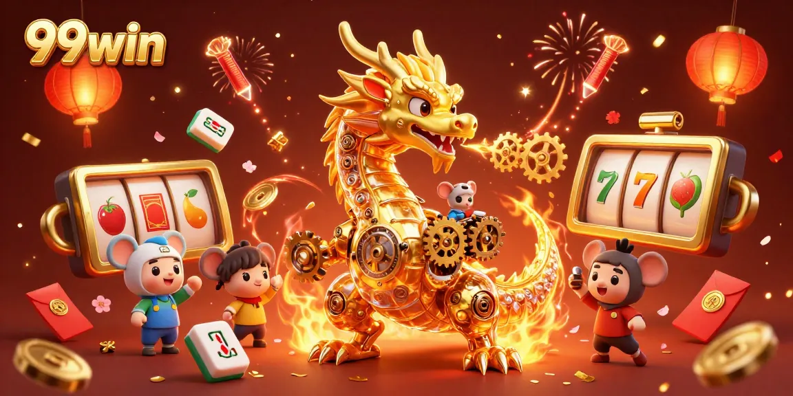 Win big at 99win with a vibrant, packed scene of gaming elements and a golden dragon!
