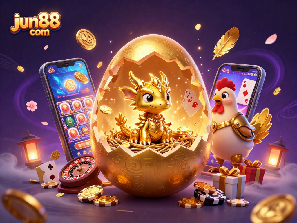 Engage with jun88 com’s thrilling casino atmosphere featuring a golden egg, baby dragon, and vibrant game elements.