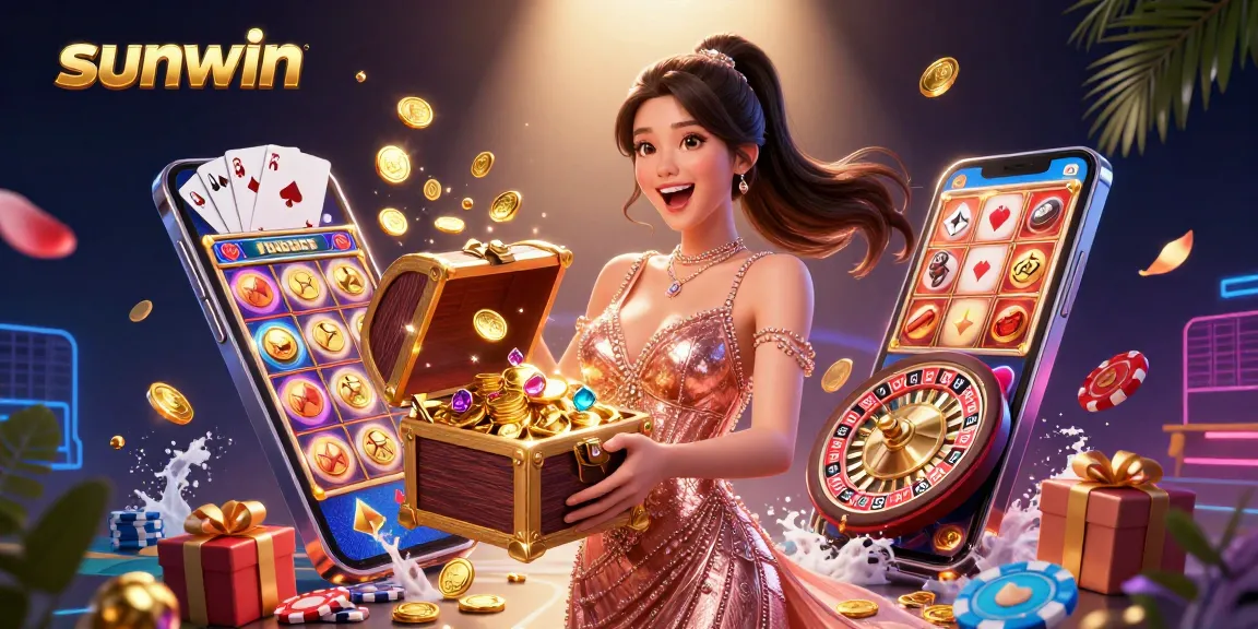 Win big at sunwin with a joyful Asian woman showcasing treasures from a treasure chest in a vibrant casino scene.