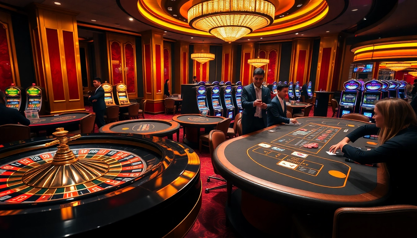 Experience thrilling gameplay at KK55 Casino with vibrant tables and engaging players in a luxury setting.