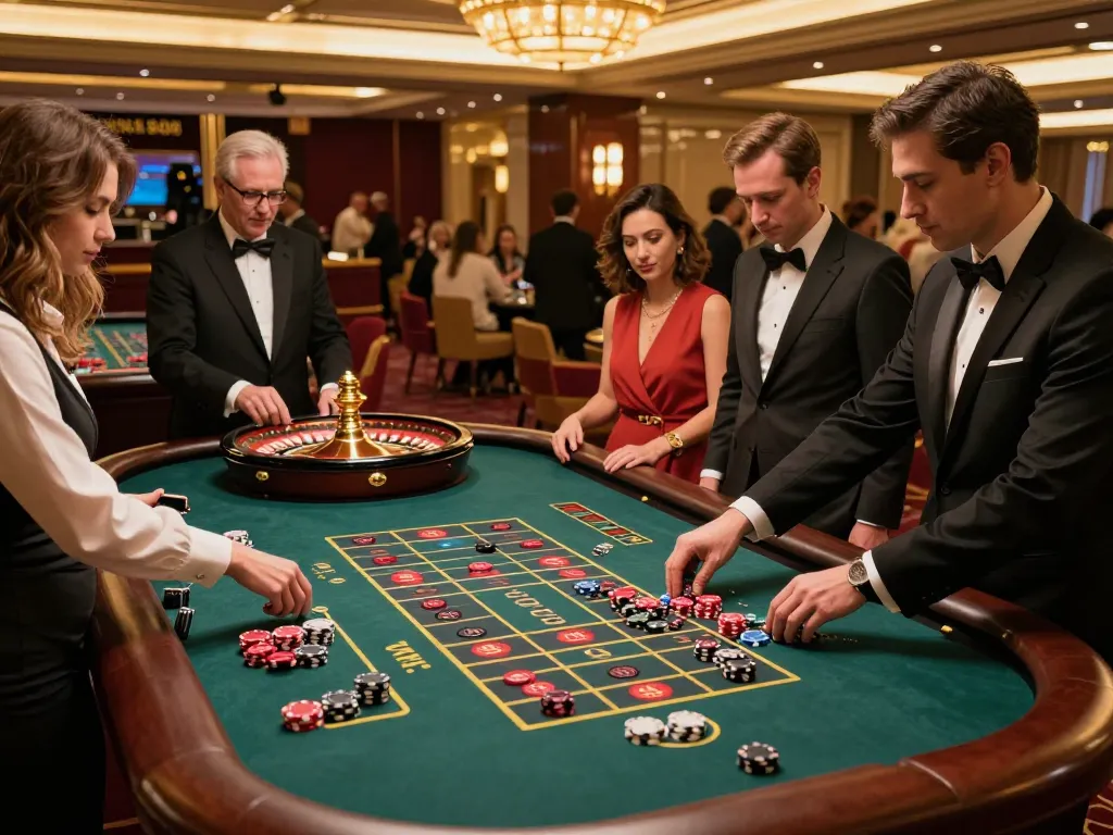 Players placing bets at a roulette table at NK88 casino, showcasing vibrant gambling action.