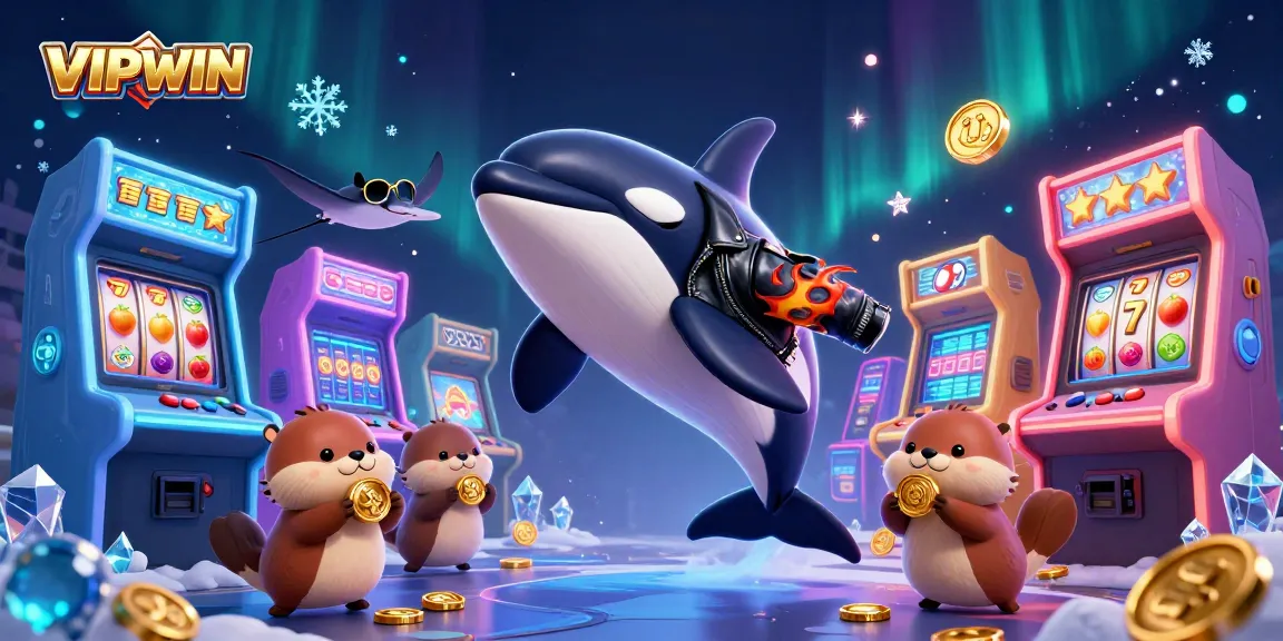 Experience vibrant gaming energy at VIPWIN with animated sea creatures celebrating jackpots and colorful casino elements.