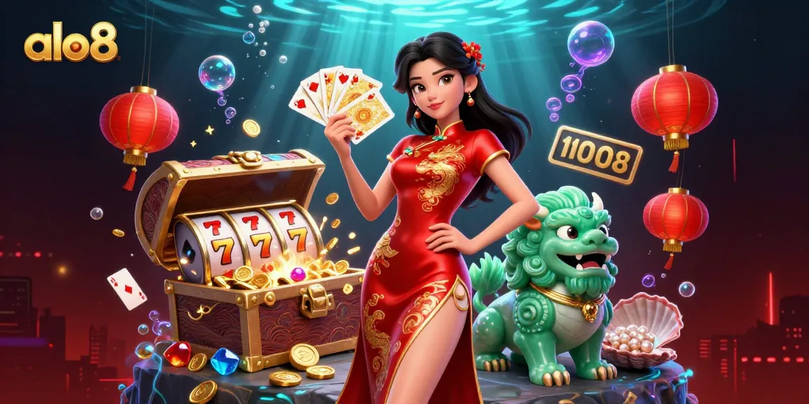 Play golden cards and win big at ALO8 with a vibrant 3D casino scene featuring lucky symbols and treasure.