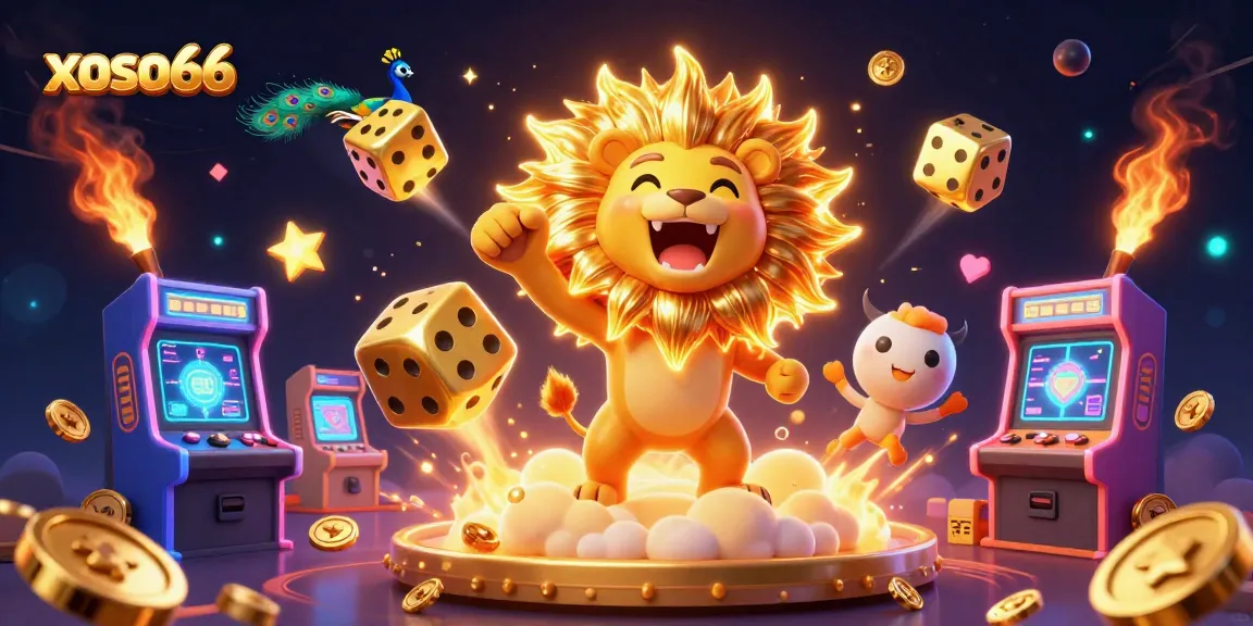 xoso66 casino illustration showcasing a glowing lion, golden dice, and vibrant arcade game elements in a dynamic scene.