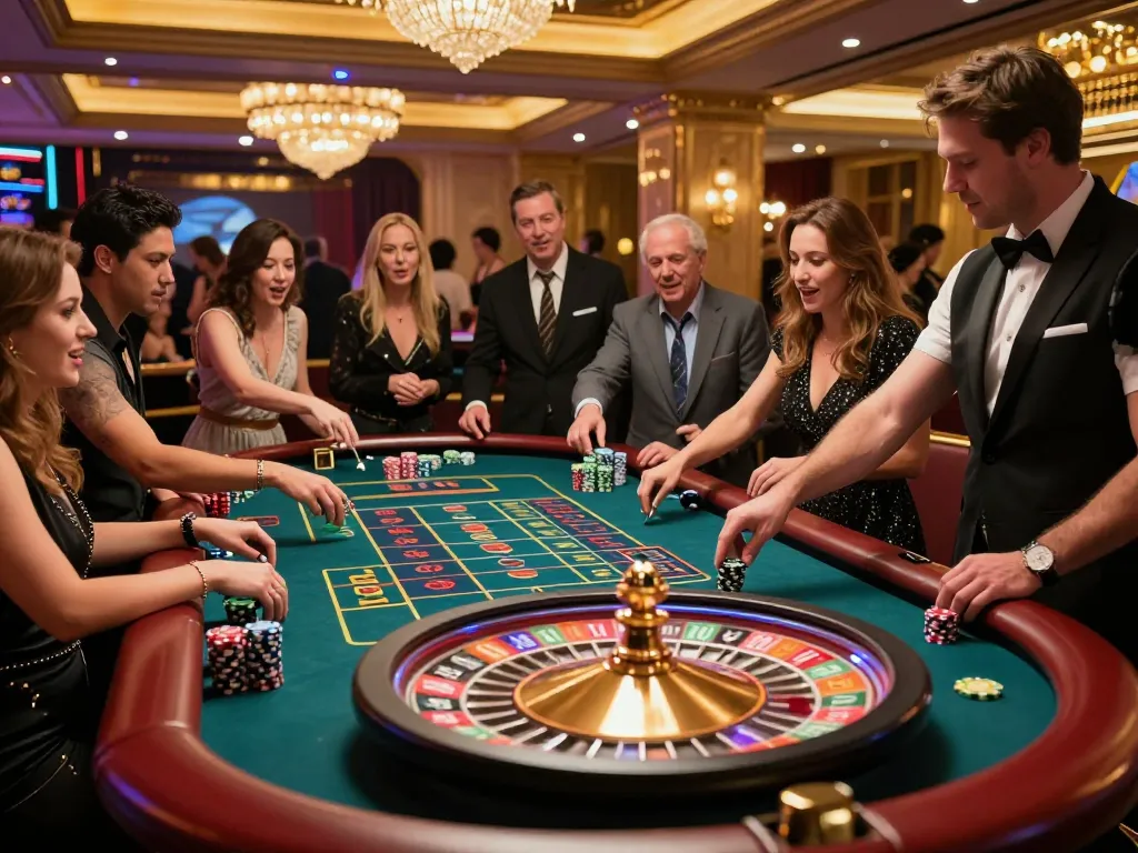 B52Club players engaging around a lively roulette table, capturing excitement and social interactions in a vibrant casino setting.