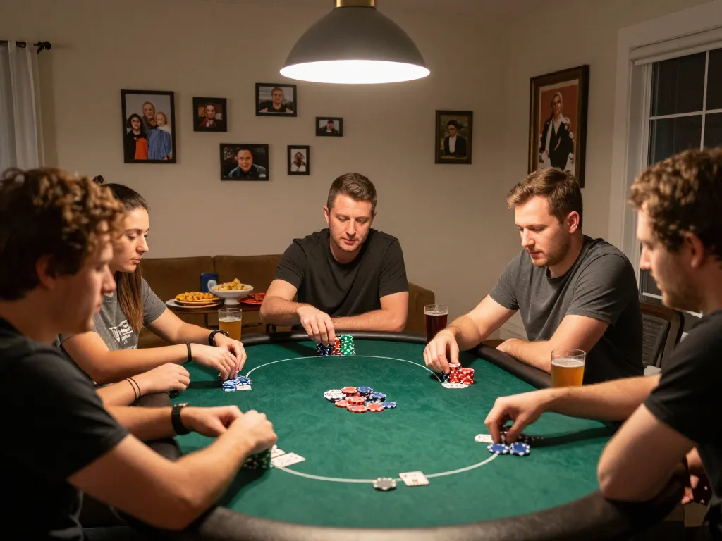 Friends engaging in a lively poker game at home, showcasing the strategic excitement of ABC 999.