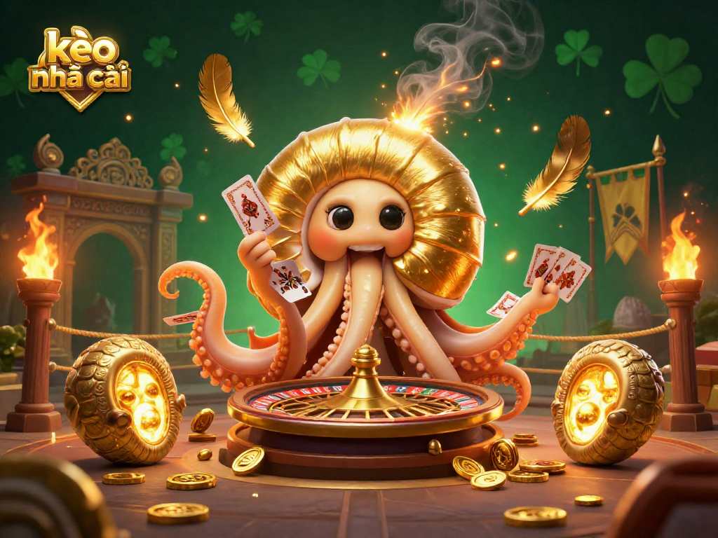 Kèo nhà cái showcases a vibrant 3D cartoon scene with a nautilus roulette wheel, glowing ammonite companions, and rich casino elements.