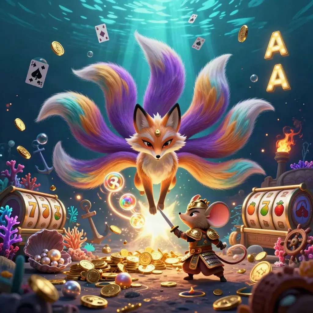Nine-tailed fox spirit and golden samurai mouse in a glowing underwater treasure cove.