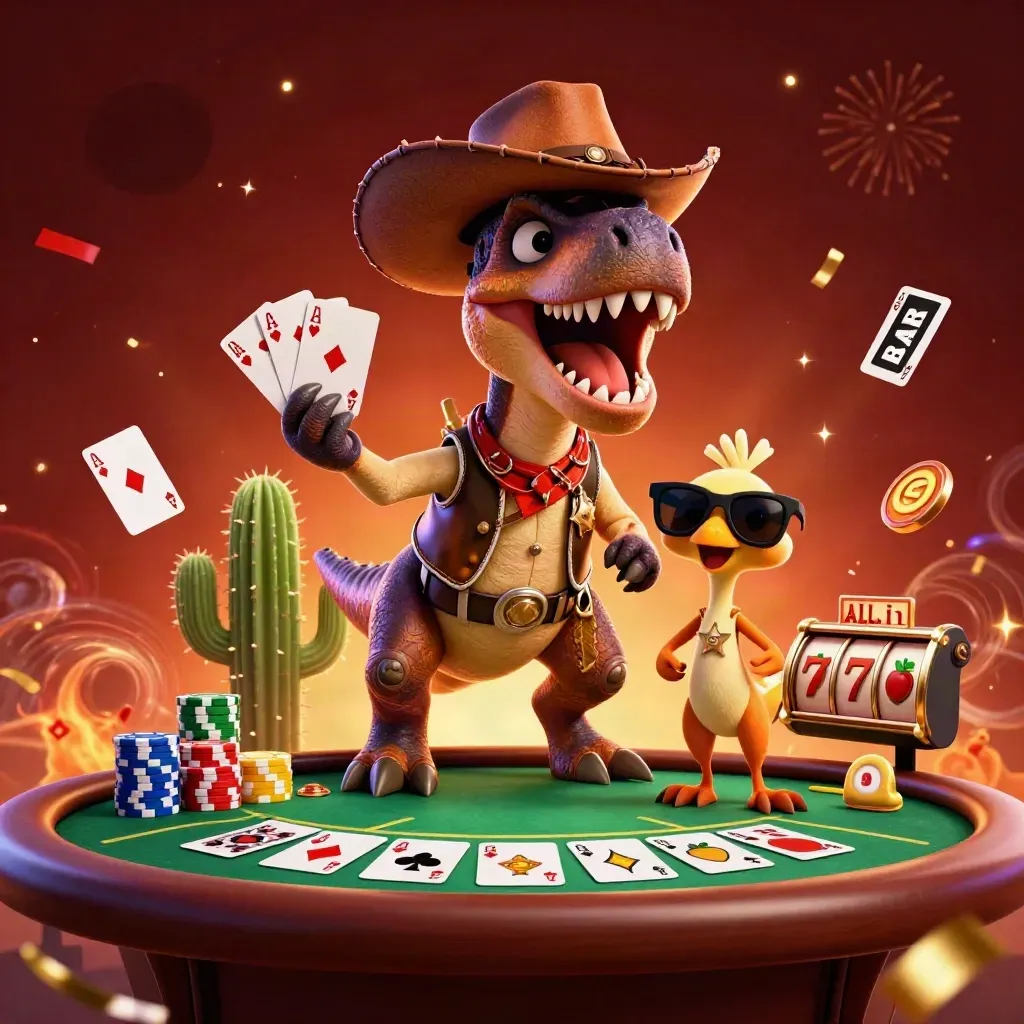 Cowboy T-Rex, cactus sidekick, and sheriff roadrunner amid slot and poker treasures.
