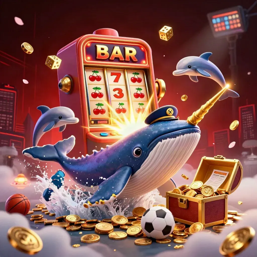 Whale captain, narwhal, dolphins and casino icons burst in a red-gold mobile key art scene.
