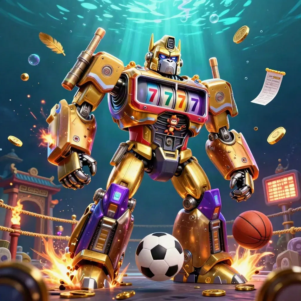 Golden gorilla mech with monkey pilot, sports balls, coins and underwater casino glow
