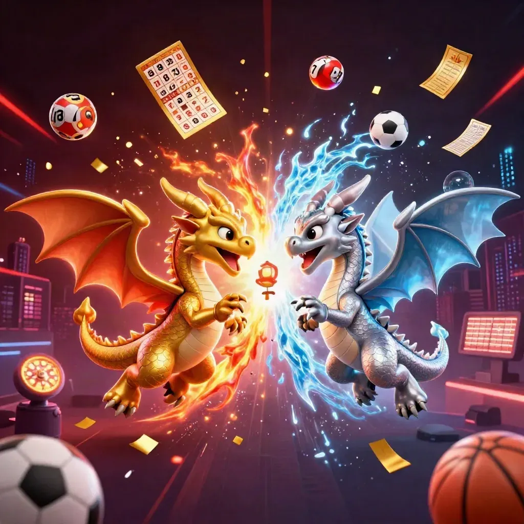 Gold and silver dragons spiral through casino light with a lantern spirit and flying game tokens.