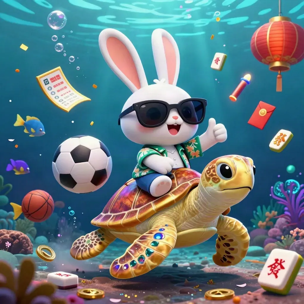 Rabbit on a gold turtle amid casino-themed sports gear in a glowing underwater burst.