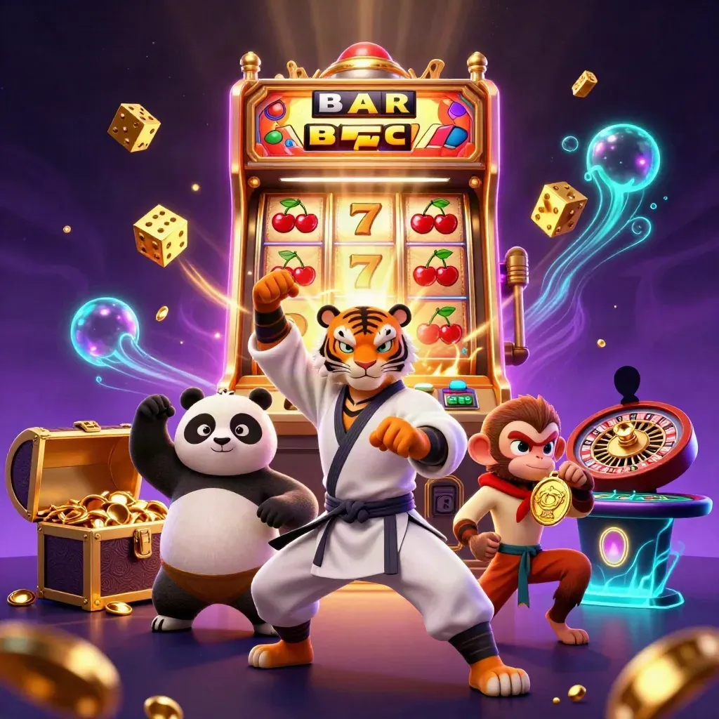 Kung-fu tiger, panda, and monkey amid a luxe purple casino slot burst with gold and neon light