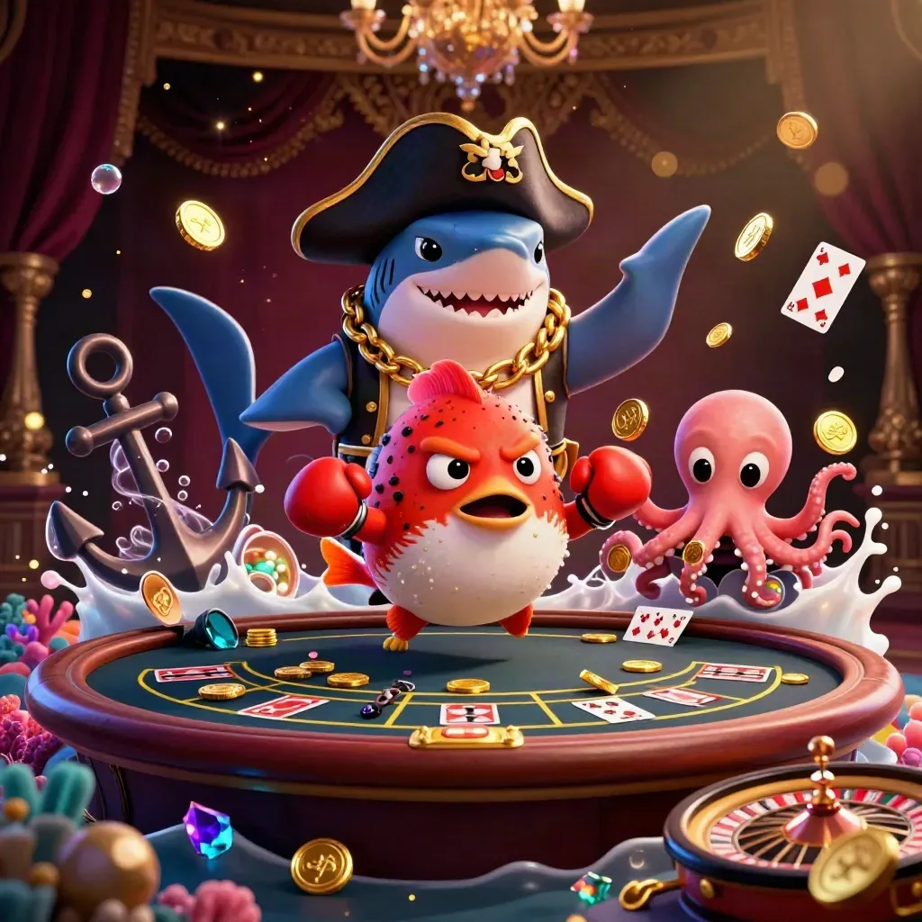Pirate shark, boxing pufferfish, and juggling octopus in a glowing casino treasure cove.