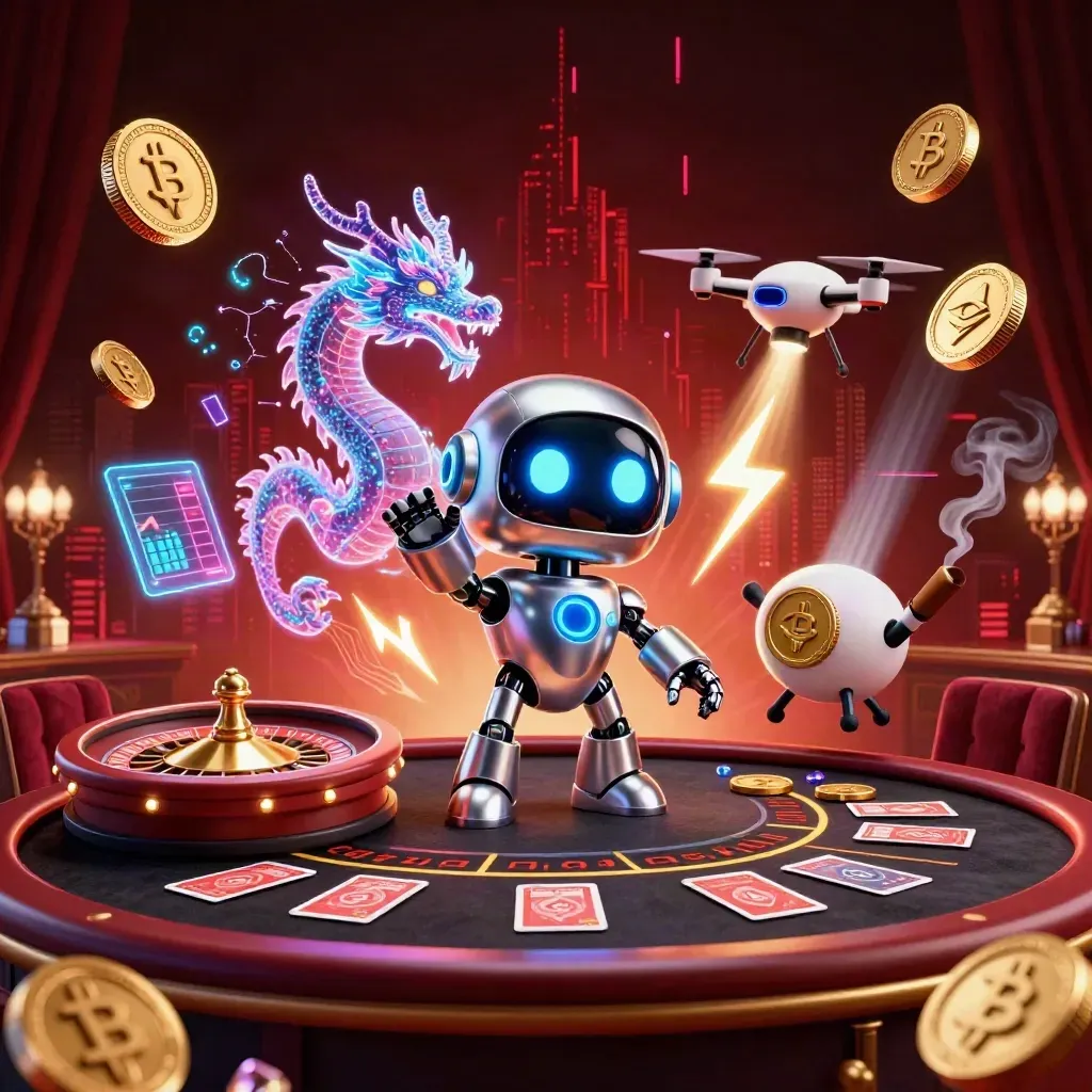 Cyberpunk robot, holographic dragon and drone in a luxe neon casino room with gold glow
