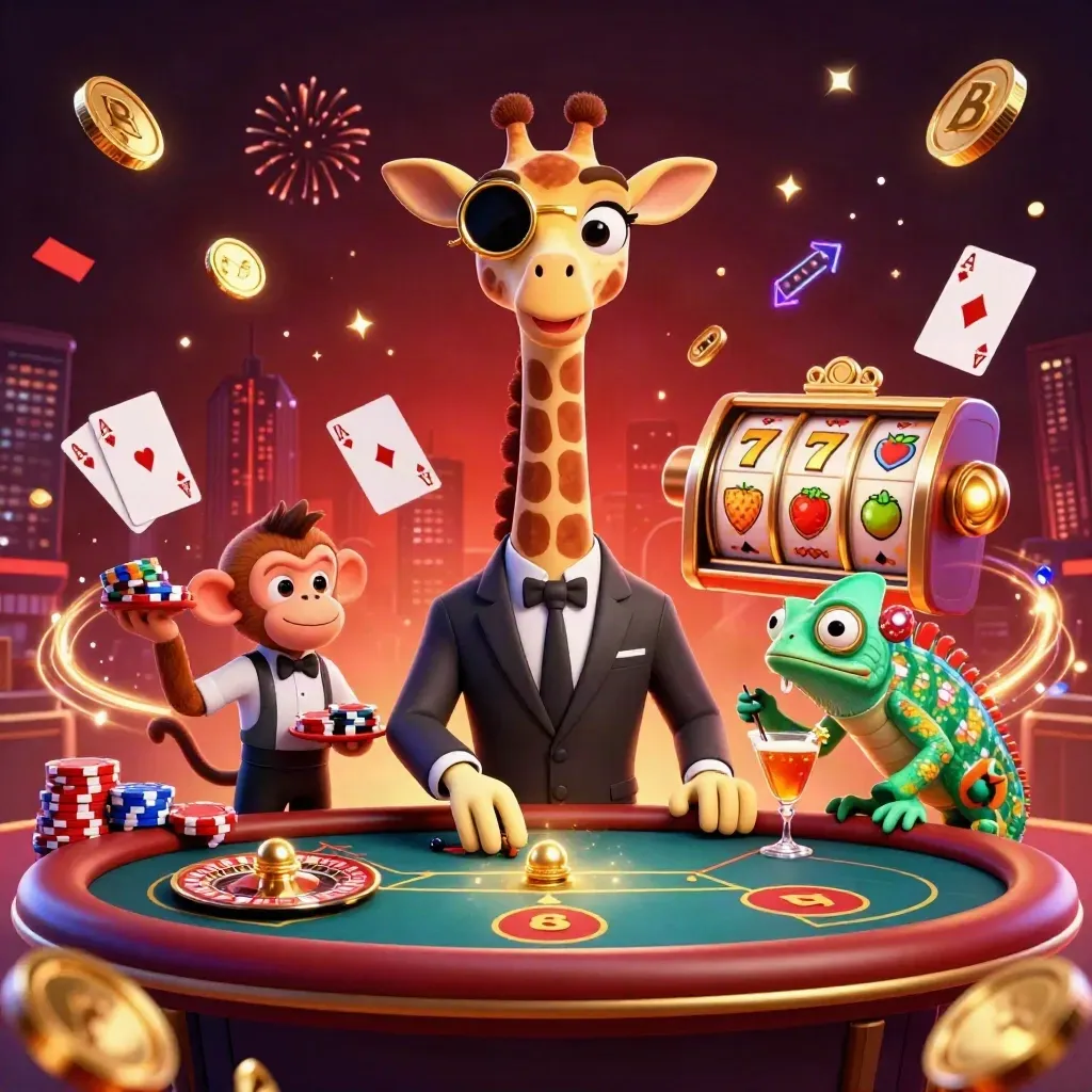Giraffe gambler, monkey valet, and chameleon bartender amid coins, cards, chips, and neon casino glow.