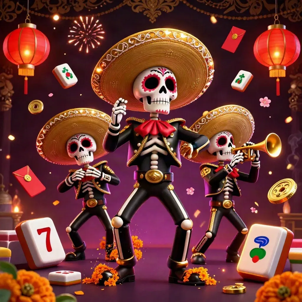 Skeleton mariachi trio amid lanterns, coins, mahjong tiles and fireworks on a luxe casino backdrop.