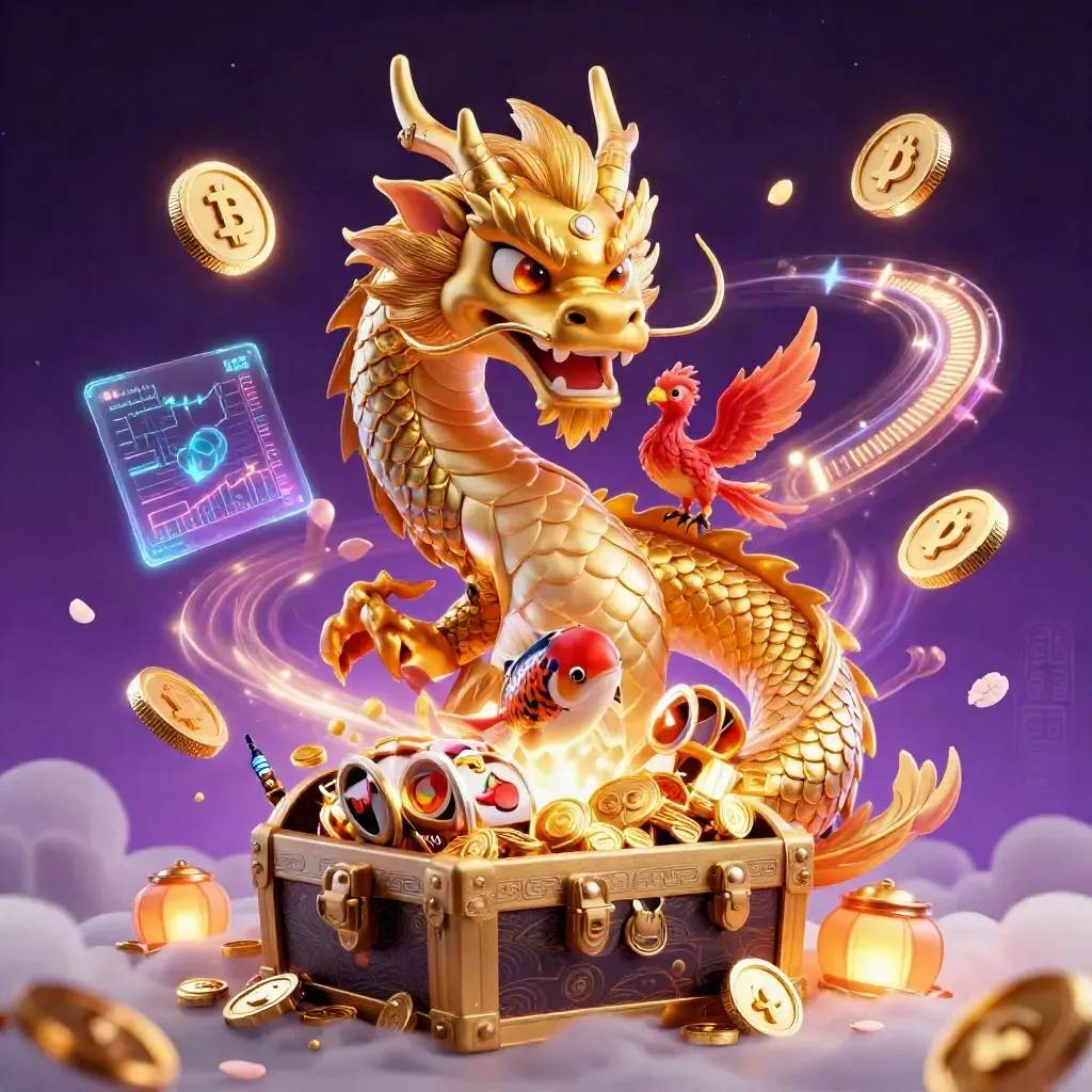 Golden dragon, phoenix and koi burst from a treasure chest amid casino and crypto effects.