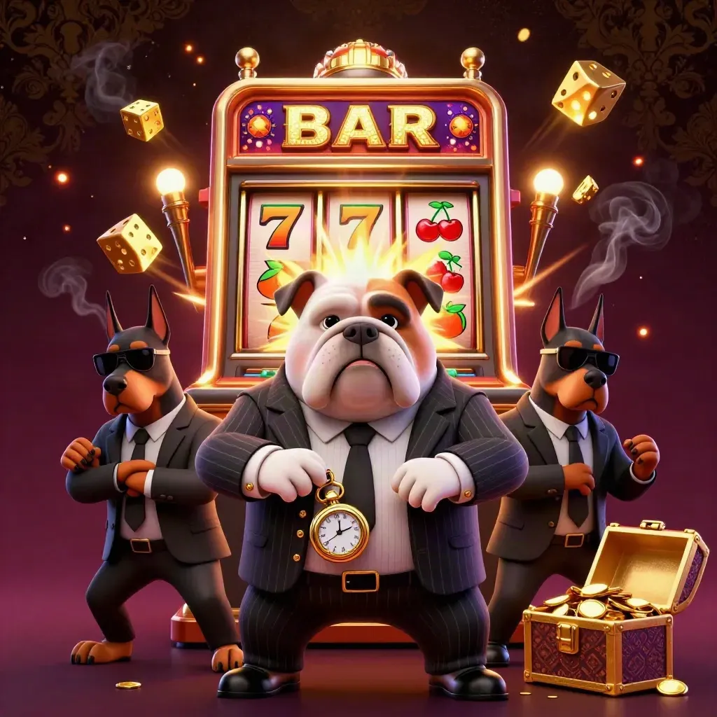 Mafia-boss bulldog with two Dobermans amid exploding slot machine gold and casino glow.