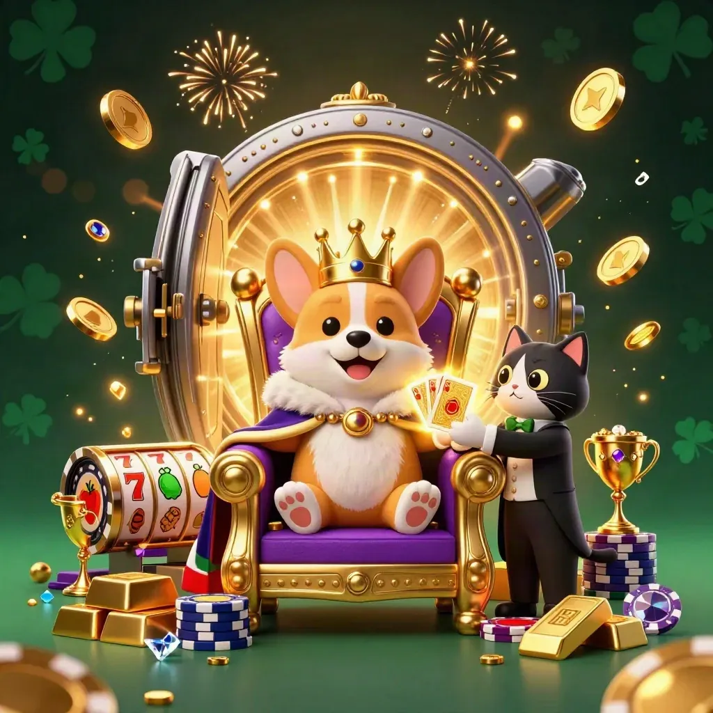 Royal corgi and cat butler burst from a gold vault with coins, gems, reels and fireworks.