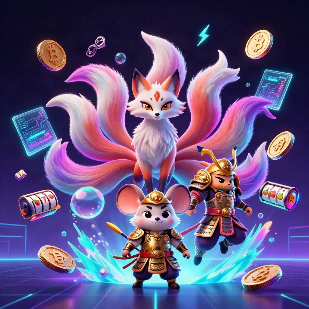 Neon fox spirit and armored mouse amid casino coins, reels, lightning, and futuristic glow.