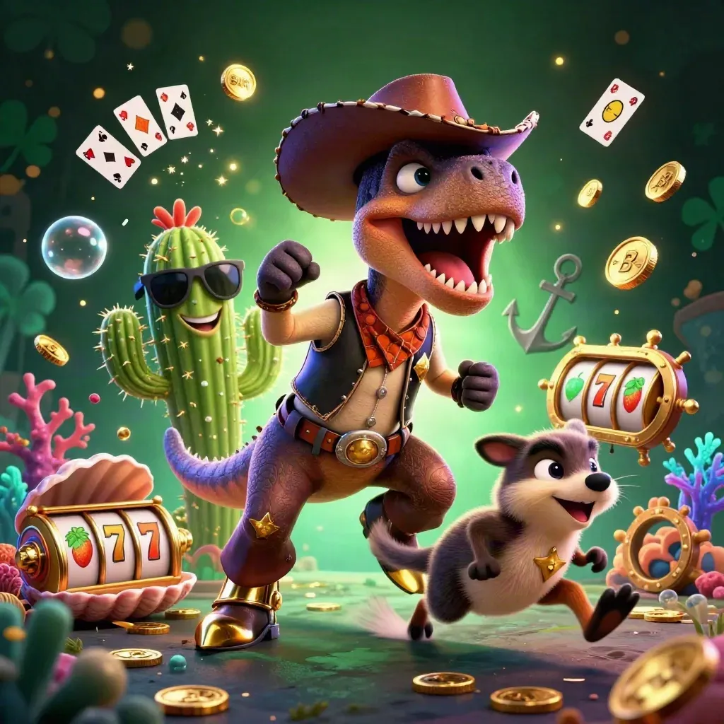 Cowboy T-Rex, cactus sidekick, and roadrunner amid casino treasure, coins, coral, and slot reels