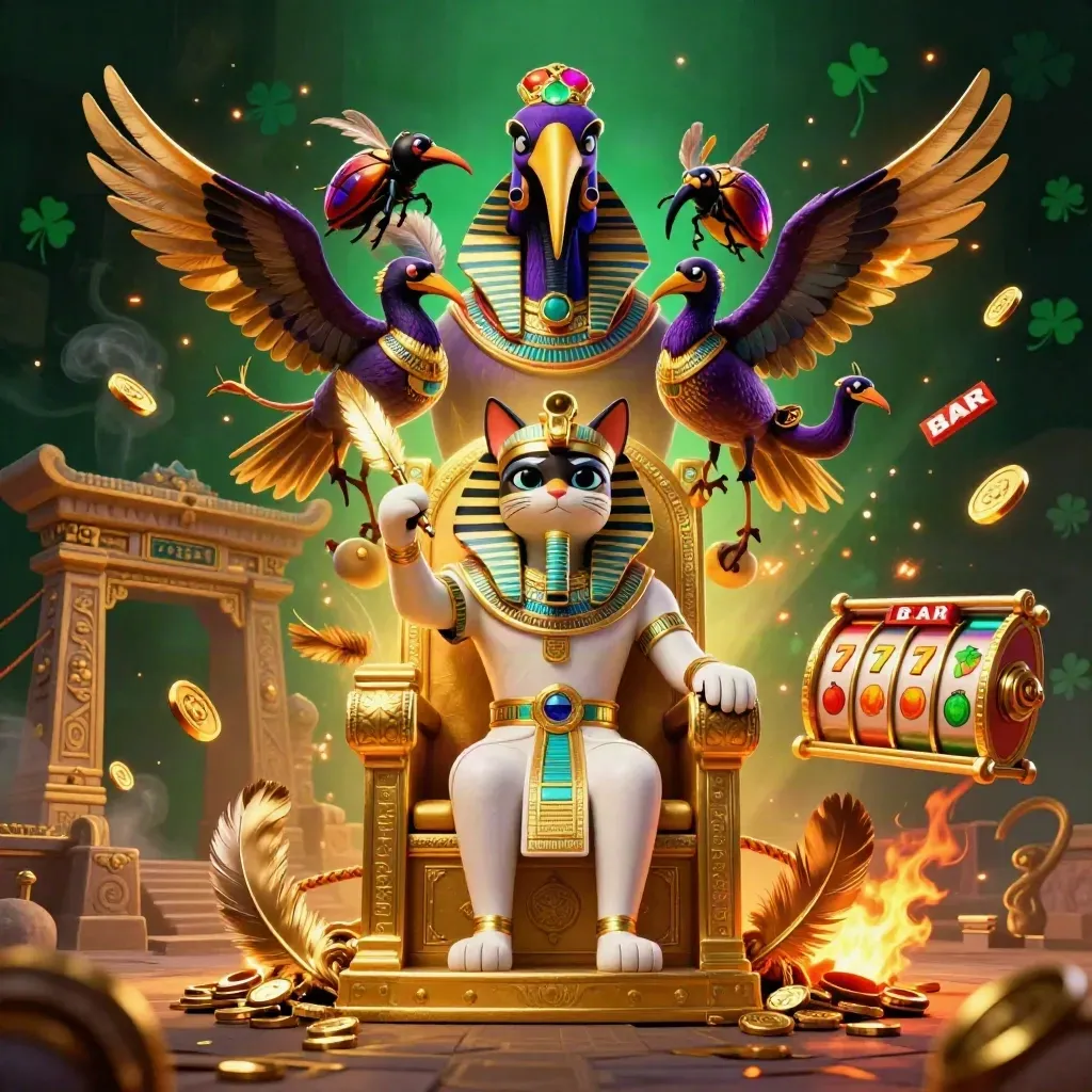Pharaoh cat, ibis scribe, and jeweled scarabs amid casino relics and torchlight.