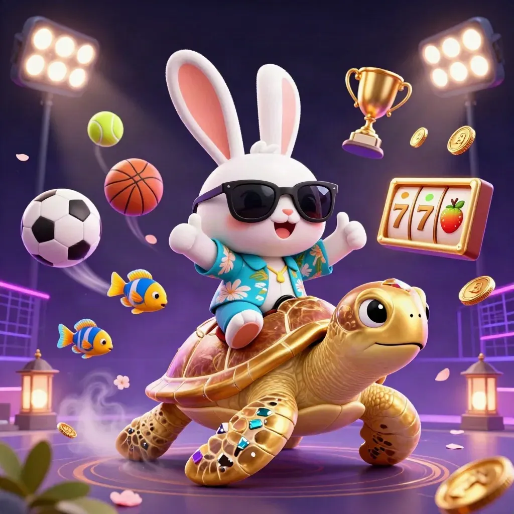 Rabbit on a golden sea turtle with casino icons, neon lights, coins, and tropical flair.