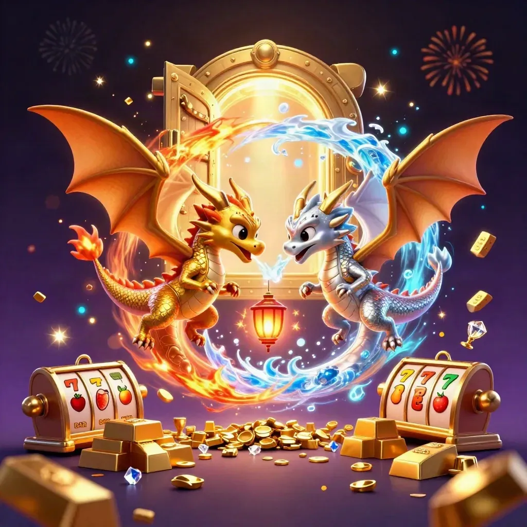 Gold and silver dragons spiral with fire and ice, treasure vault, slots symbols, and magic glow.