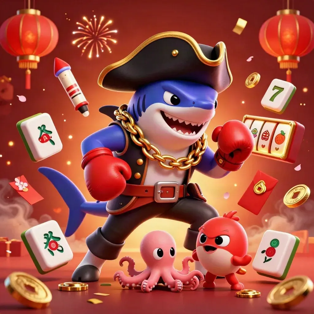 Pirate shark, boxing pufferfish, and coin-juggling octopus amid gold, lanterns, and ember glow
