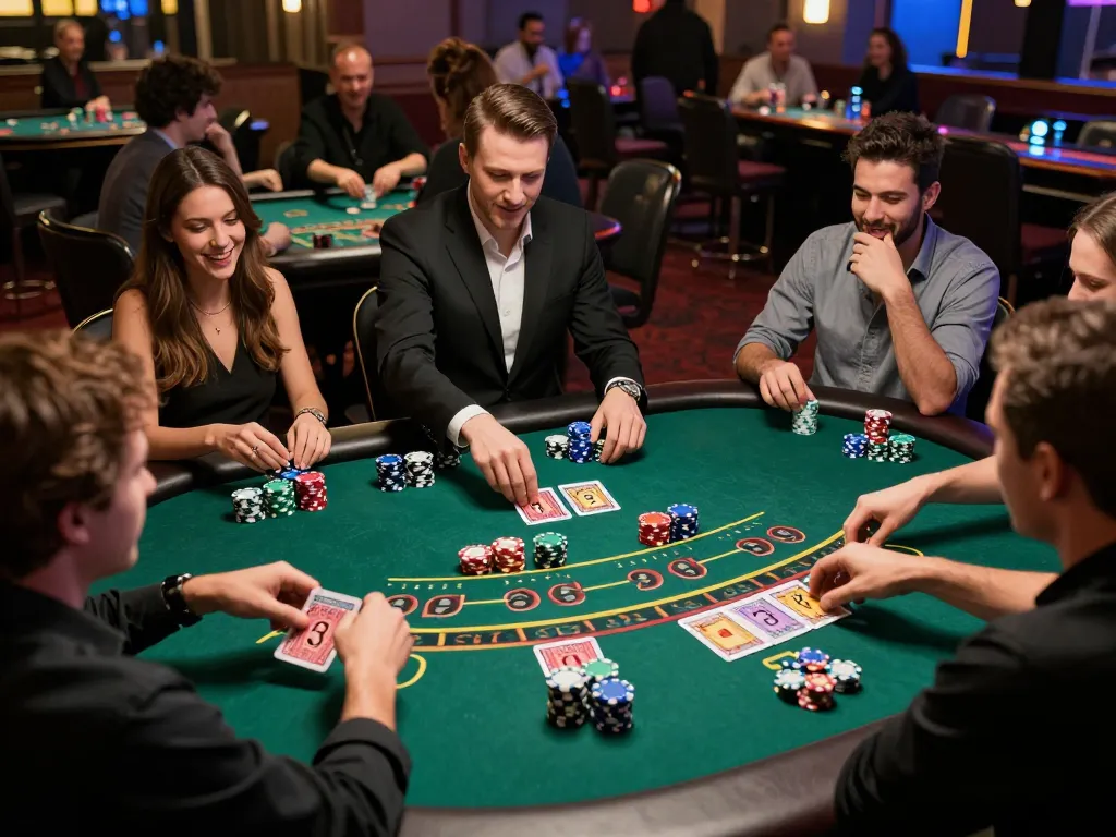 Players engaged in a thrilling blackjack game at 3win casino, showcasing strategic moves and lively atmosphere.