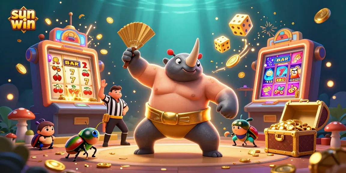 Experience exciting wins at sun win as the sumo champion beetle celebrates with coins flying in a thrilling casino scene.