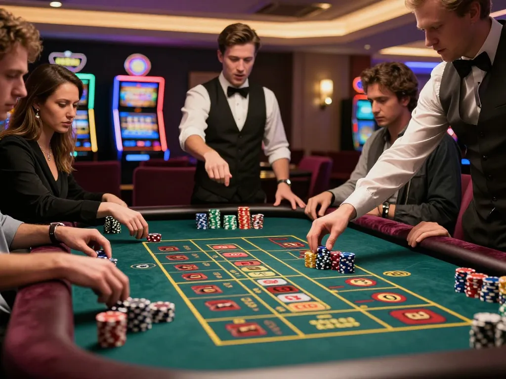 Engaged players enjoying a thrilling roulette game at ok365vvip casino, with colorful chips and intense atmosphere.