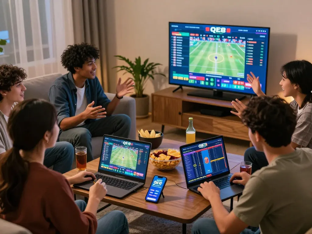 Enthusiastic friends enjoying online gaming at QE8, showcasing fun and community in a warm living room setting.